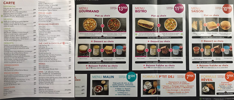 Typical TGV bar menu